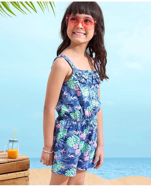 Babyhug 100% Cotton Singlet Sleeves Jumpsuit Floral Print - Navy Blue