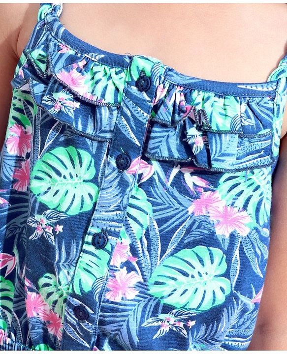 Babyhug 100% Cotton Singlet Sleeves Jumpsuit Floral Print - Navy Blue