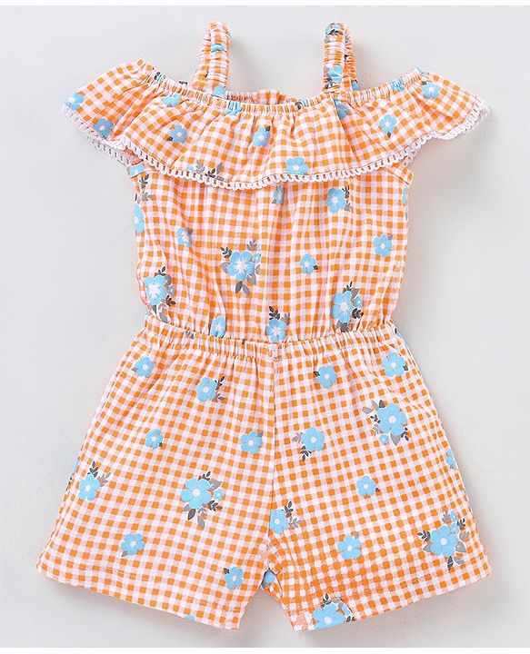 Babyhug 100% Cotton Knitted Singlet Sleeves Checks Jumpsuit - Orange