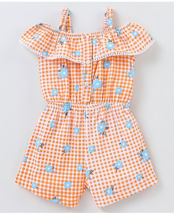Babyhug 100% Cotton Knitted Singlet Sleeves Checks Jumpsuit - Orange