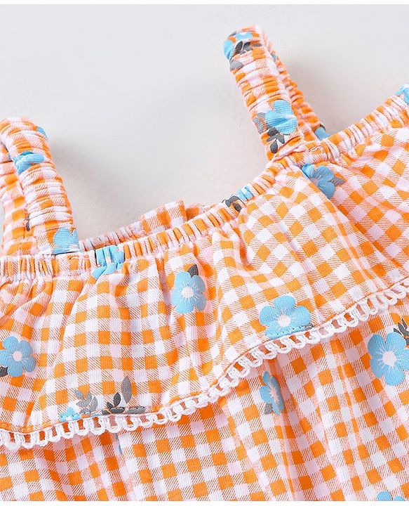 Babyhug 100% Cotton Knitted Singlet Sleeves Checks Jumpsuit - Orange