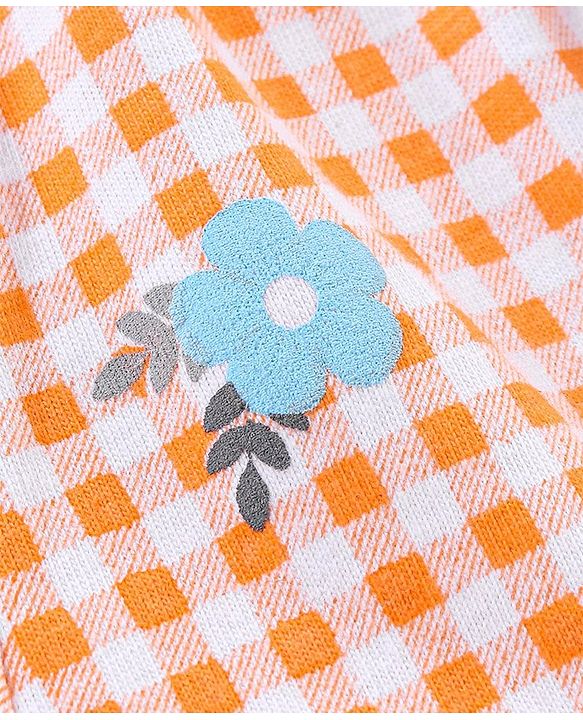 Babyhug 100% Cotton Knitted Singlet Sleeves Checks Jumpsuit - Orange