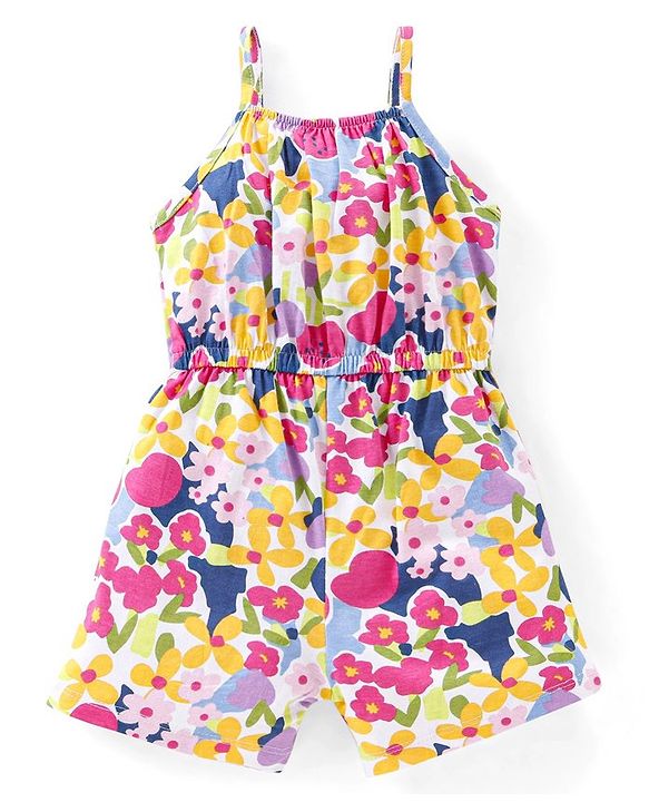 Babyhug 100% Cotton Knitted Sleeveless Jumpsuit Floral Print- Pink & Blue