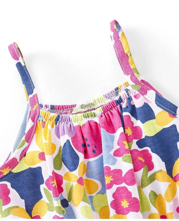 Babyhug 100% Cotton Knitted Sleeveless Jumpsuit Floral Print- Pink & Blue