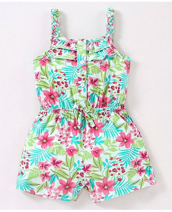Babyhug 100% Cotton Knit Sleeveless Jumpsuit Floral Print - Mint