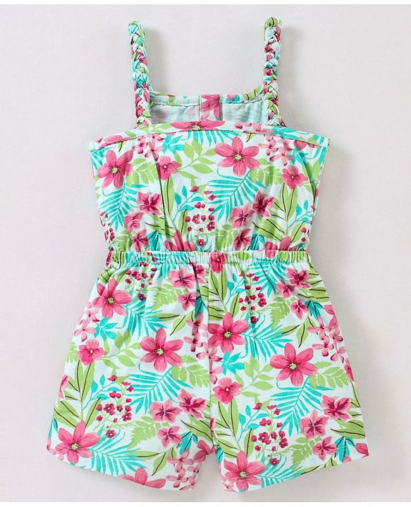 Babyhug 100% Cotton Knit Sleeveless Jumpsuit Floral Print - Mint