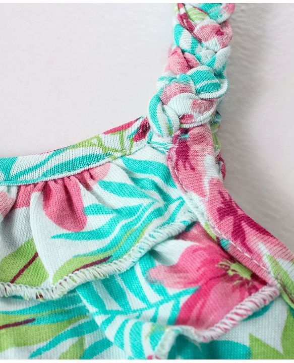 Babyhug 100% Cotton Knit Sleeveless Jumpsuit Floral Print - Mint