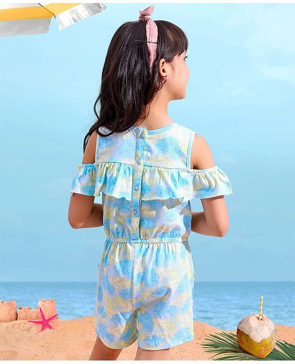 Babyhug 100% Cotton Sleeveless Jumpsuit Floral Print - Mint Blue