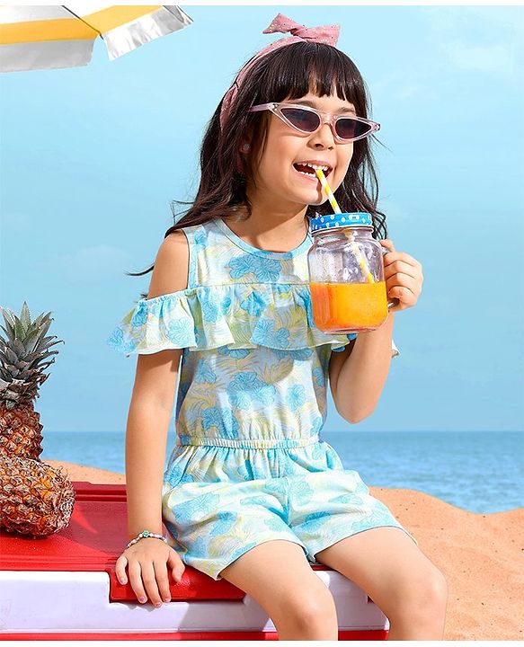 Babyhug 100% Cotton Sleeveless Jumpsuit Floral Print - Mint Blue