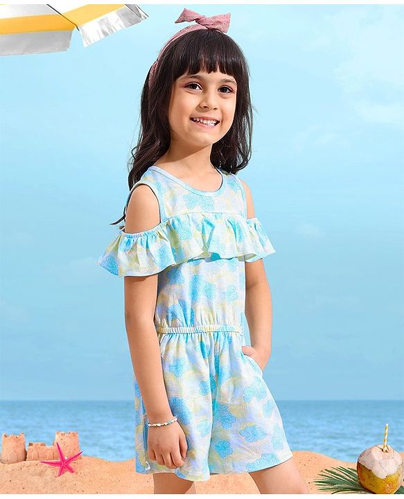 Babyhug 100% Cotton Sleeveless Jumpsuit Floral Print - Mint Blue