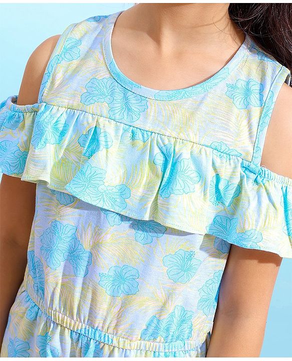 Babyhug 100% Cotton Sleeveless Jumpsuit Floral Print - Mint Blue