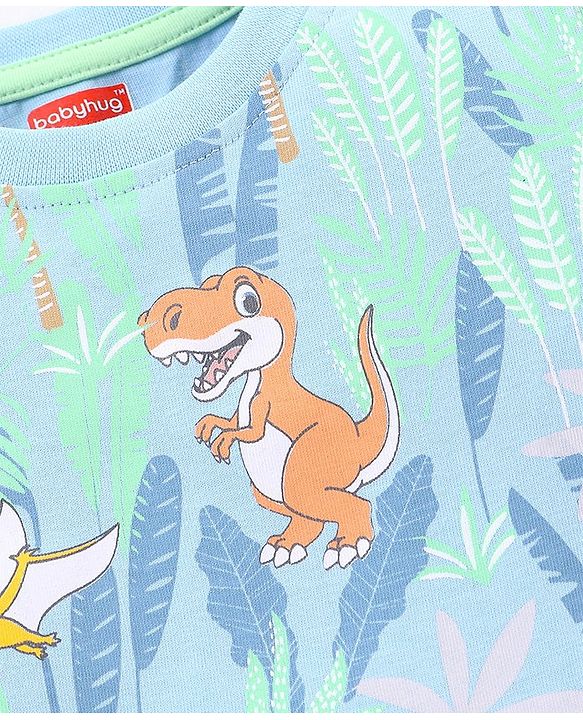 Babyhug Cotton Half Sleeves T-Shirt Dino Print - Blue
