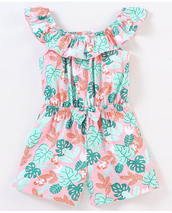 Babyhug 100% Cotton Knitted Sleeveless Jumpsuit With Attched Bow Leaf Print - Peach