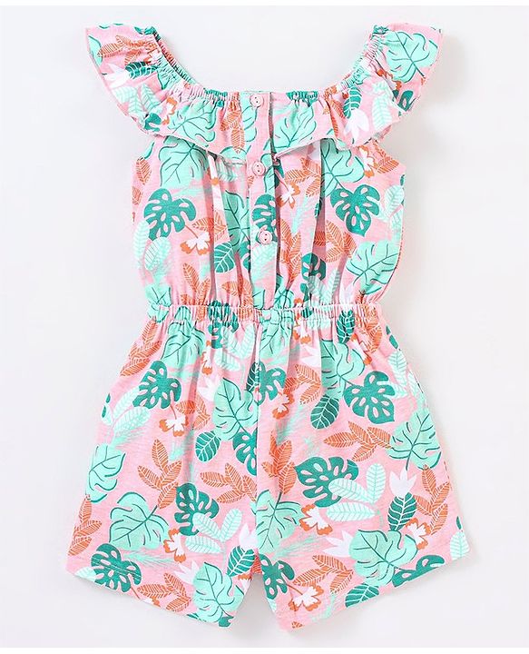 Babyhug 100% Cotton Knitted Sleeveless Jumpsuit With Attched Bow Leaf Print - Peach