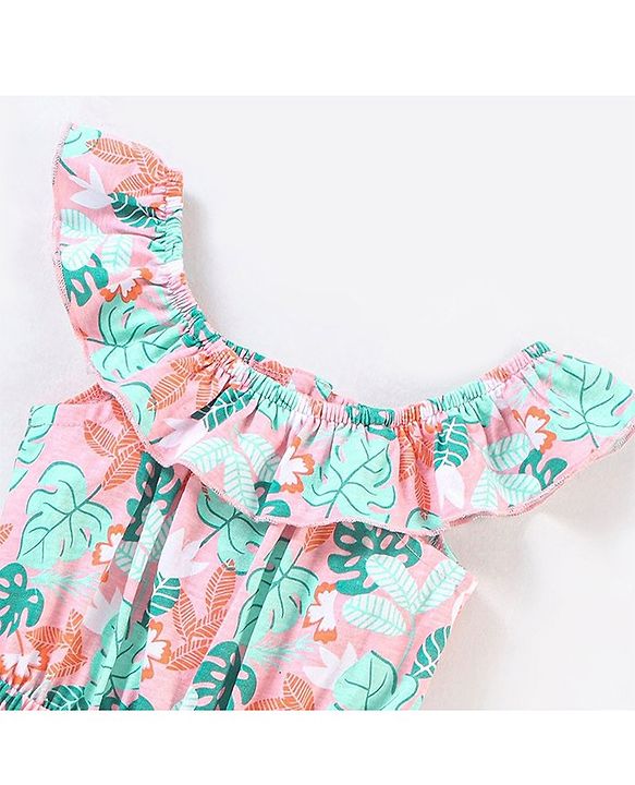 Babyhug 100% Cotton Knitted Sleeveless Jumpsuit With Attched Bow Leaf Print - Peach