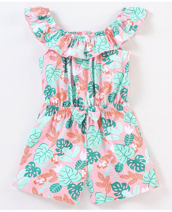 Babyhug 100% Cotton Knitted Sleeveless Jumpsuit With Attched Bow Leaf Print - Peach