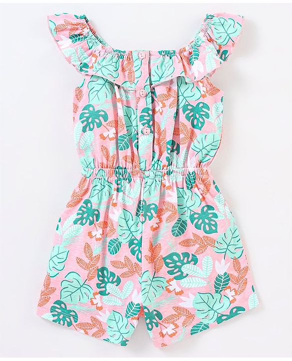 Babyhug 100% Cotton Knitted Sleeveless Jumpsuit With Attched Bow Leaf Print - Peach