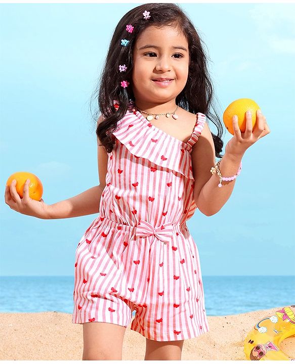 Babyhug 100% Cotton Knitted Sleeveless Jumpsuit with Bow Applique Striped - Pink