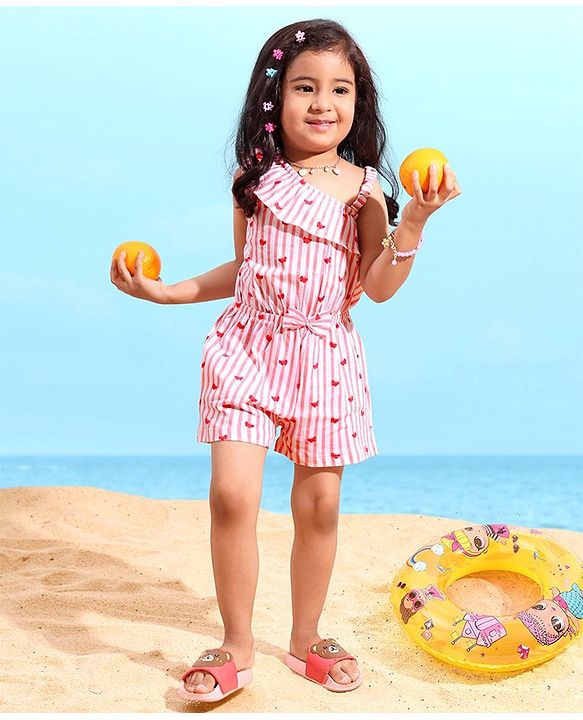 Babyhug 100% Cotton Knitted Sleeveless Jumpsuit with Bow Applique Striped - Pink