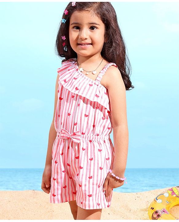 Babyhug 100% Cotton Knitted Sleeveless Jumpsuit with Bow Applique Striped - Pink