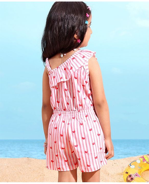 Babyhug 100% Cotton Knitted Sleeveless Jumpsuit with Bow Applique Striped - Pink