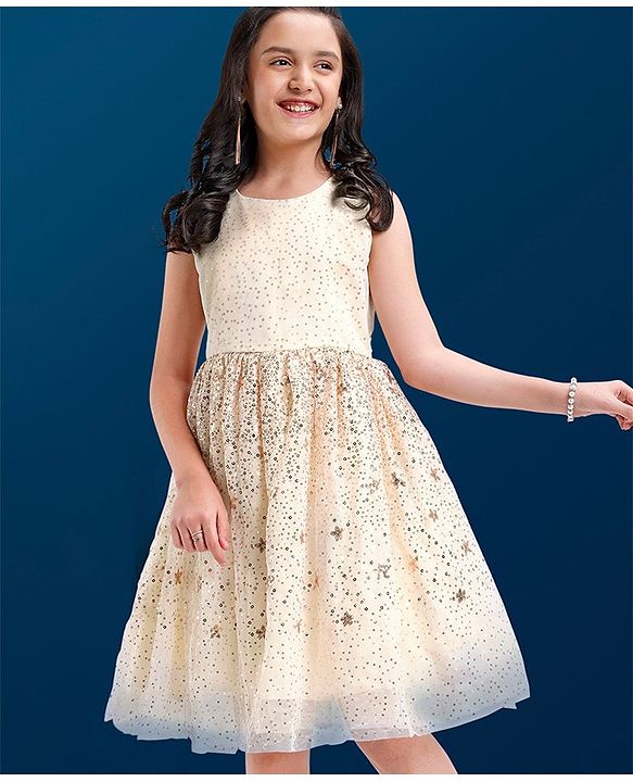 Pine Kids Sleeveless Sequined Knee Length Party Wear Dress- Grey