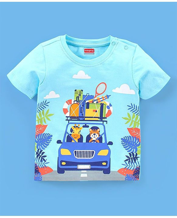 Babyhug Cotton Knit Half Sleeves T-Shirt Giraffe Print - Blue