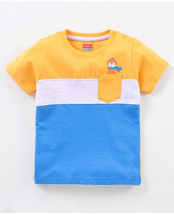 Babyhug Cotton Half Sleeves Color Block T-Shirt Tiger Print- Yellow & Blue