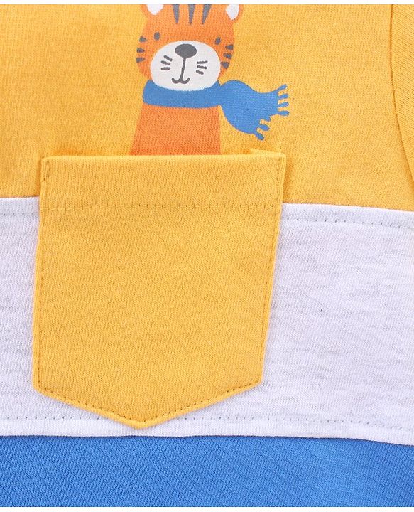 Babyhug Cotton Half Sleeves Color Block T-Shirt Tiger Print- Yellow & Blue