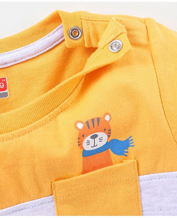 Babyhug Cotton Half Sleeves Color Block T-Shirt Tiger Print- Yellow & Blue