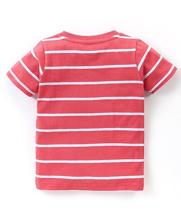 Babyhug Cotton Knit Half Sleeves Striped T-Shirt Giraffe Print - Red