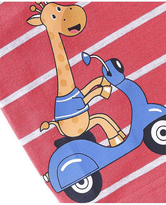 Babyhug Cotton Knit Half Sleeves Striped T-Shirt Giraffe Print - Red