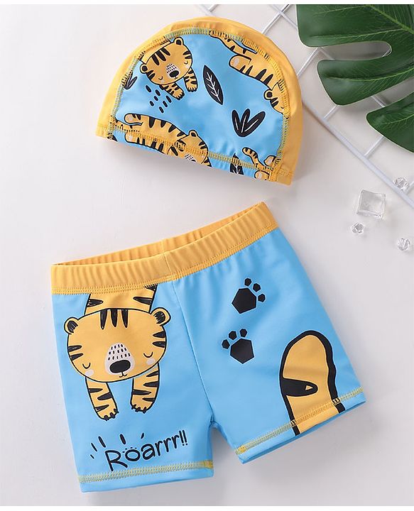 Babyhug Quick Dry Swimming Trunk With Cap Tiger Print- Blue