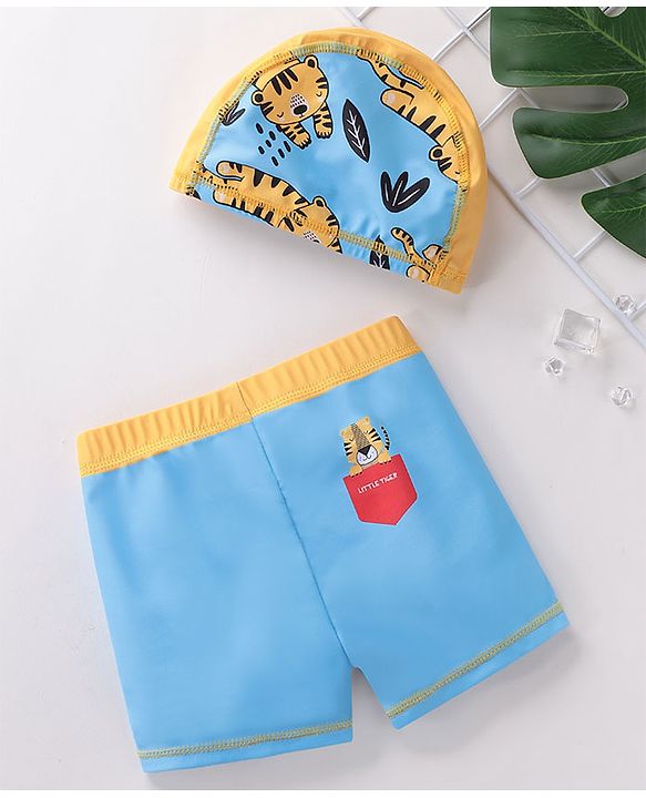 Babyhug Quick Dry Swimming Trunk With Cap Tiger Print- Blue