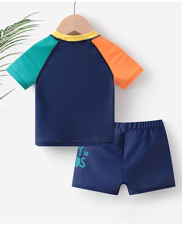 Babyhug Half Sleeves Crocodile Print Two Piece Swimsuit - Navy Blue