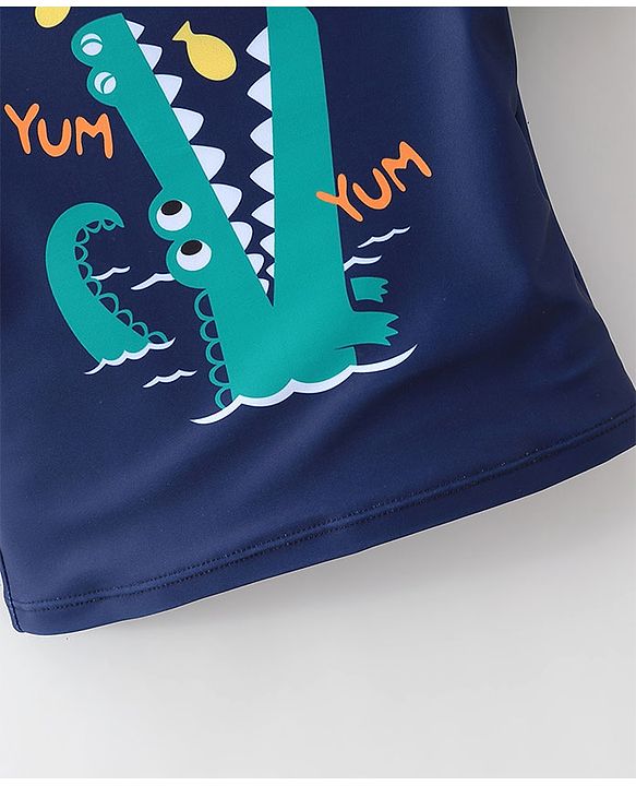 Babyhug Half Sleeves Crocodile Print Two Piece Swimsuit - Navy Blue
