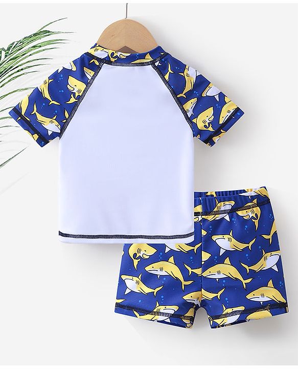 Babyhug Half Sleeves Mid Thigh Length Swimsuit Shark Print - Blue