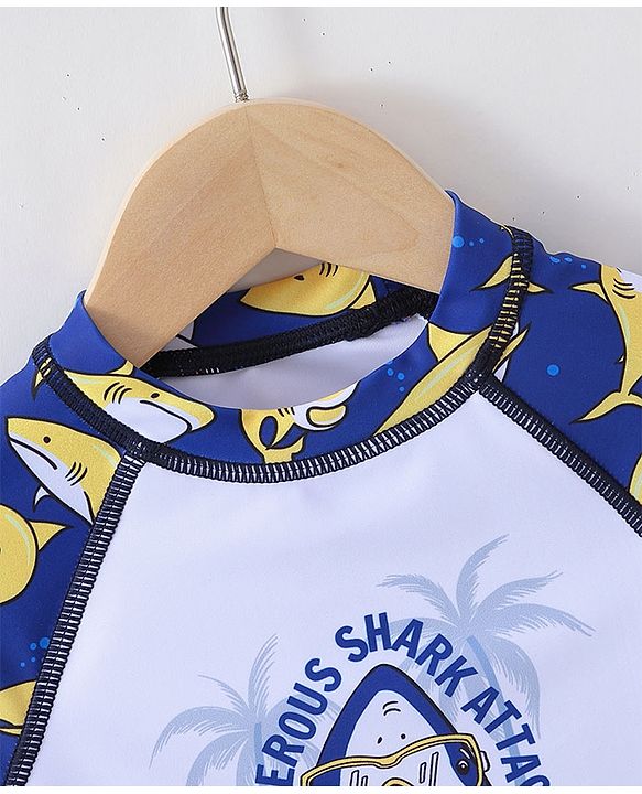 Babyhug Half Sleeves Mid Thigh Length Swimsuit Shark Print - Blue