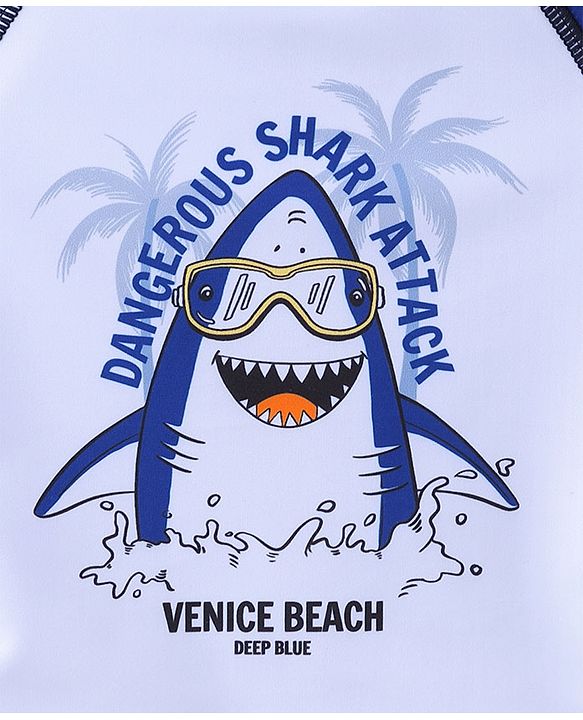 Babyhug Half Sleeves Mid Thigh Length Swimsuit Shark Print - Blue