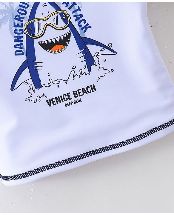 Babyhug Half Sleeves Mid Thigh Length Swimsuit Shark Print - Blue