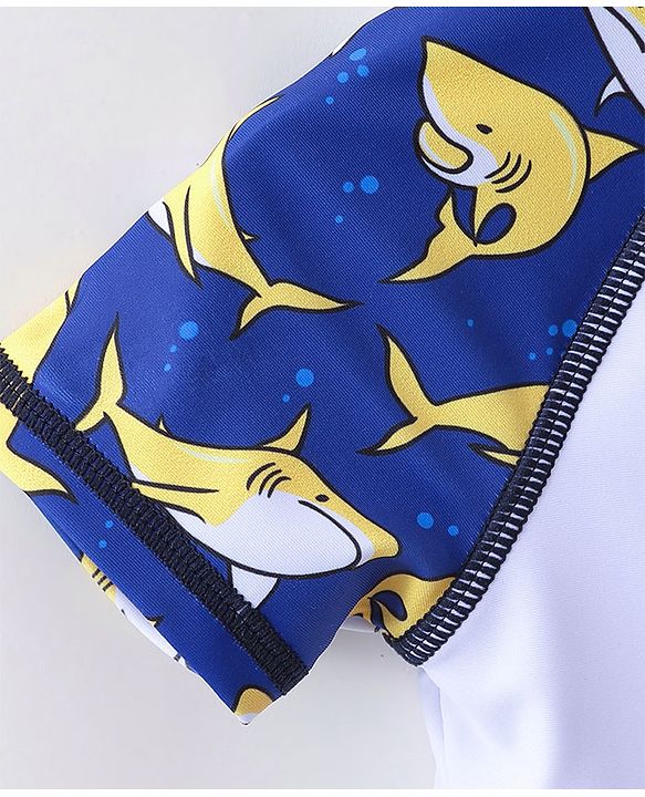Babyhug Half Sleeves Mid Thigh Length Swimsuit Shark Print - Blue