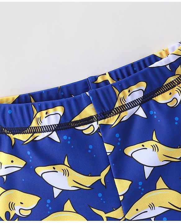 Babyhug Half Sleeves Mid Thigh Length Swimsuit Shark Print - Blue