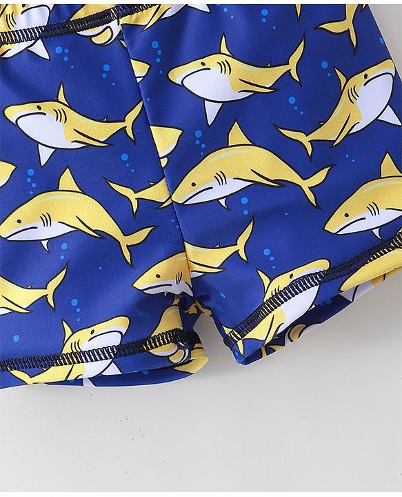 Babyhug Half Sleeves Mid Thigh Length Swimsuit Shark Print - Blue
