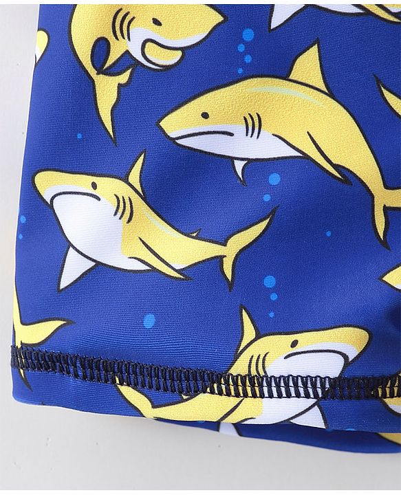 Babyhug Half Sleeves Mid Thigh Length Swimsuit Shark Print - Blue