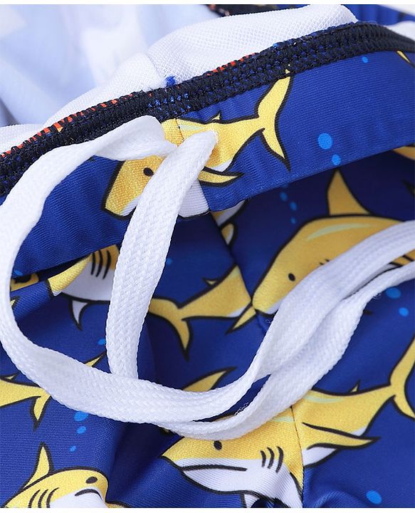 Babyhug Half Sleeves Mid Thigh Length Swimsuit Shark Print - Blue