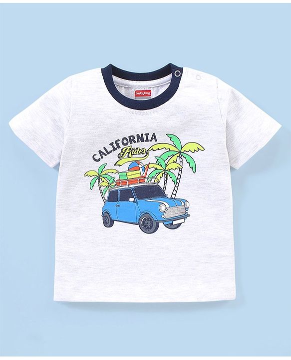 Babyhug Cotton Knit Half Sleeves  Striped & Palm Tree Printed T-Shirts Pack of 3 - Blue & Grey