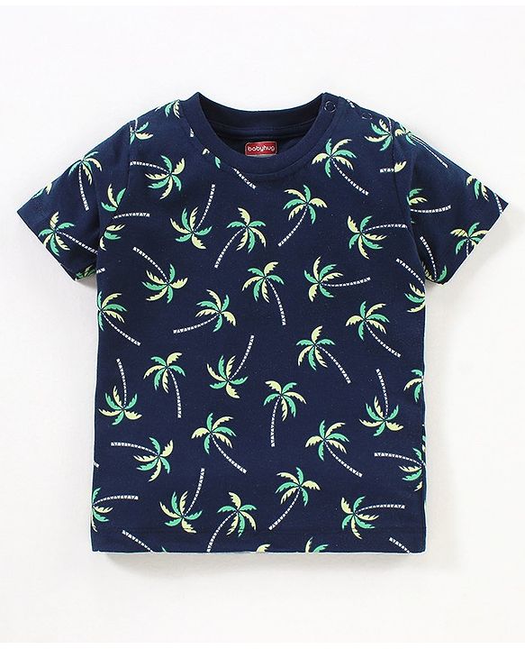 Babyhug Cotton Knit Half Sleeves  Striped & Palm Tree Printed T-Shirts Pack of 3 - Blue & Grey