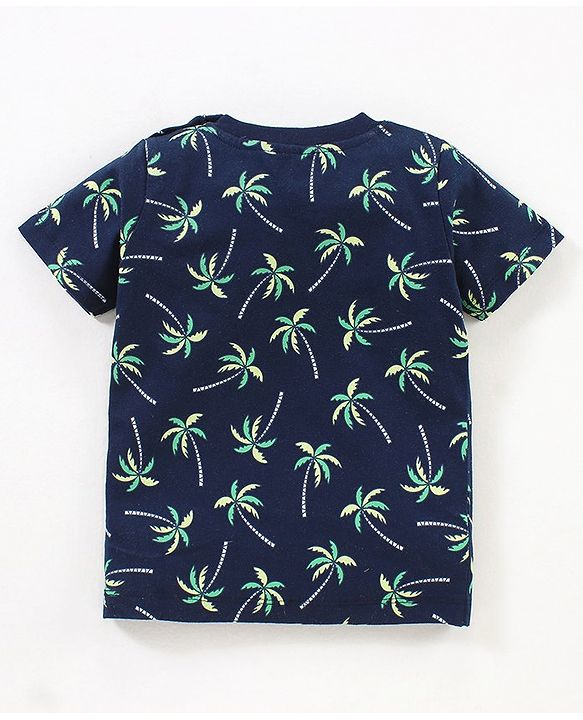 Babyhug Cotton Knit Half Sleeves  Striped & Palm Tree Printed T-Shirts Pack of 3 - Blue & Grey