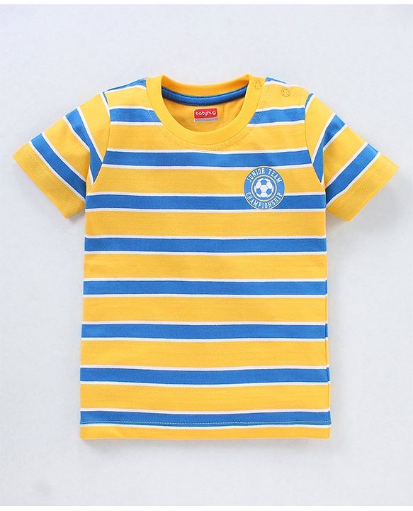 Babyhug Cotton Knit Half Sleeves Striped T-Shirt - Yellow & Blue