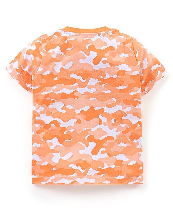 Babyhug Cotton Half Sleeves Camouflage T-Shirt Dino Print - Orange & White